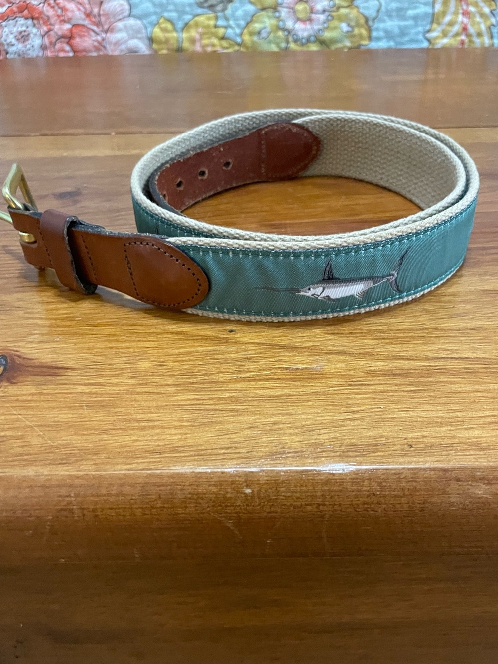 Men’s Green Swordfish Leather Tab Belt - Size 34